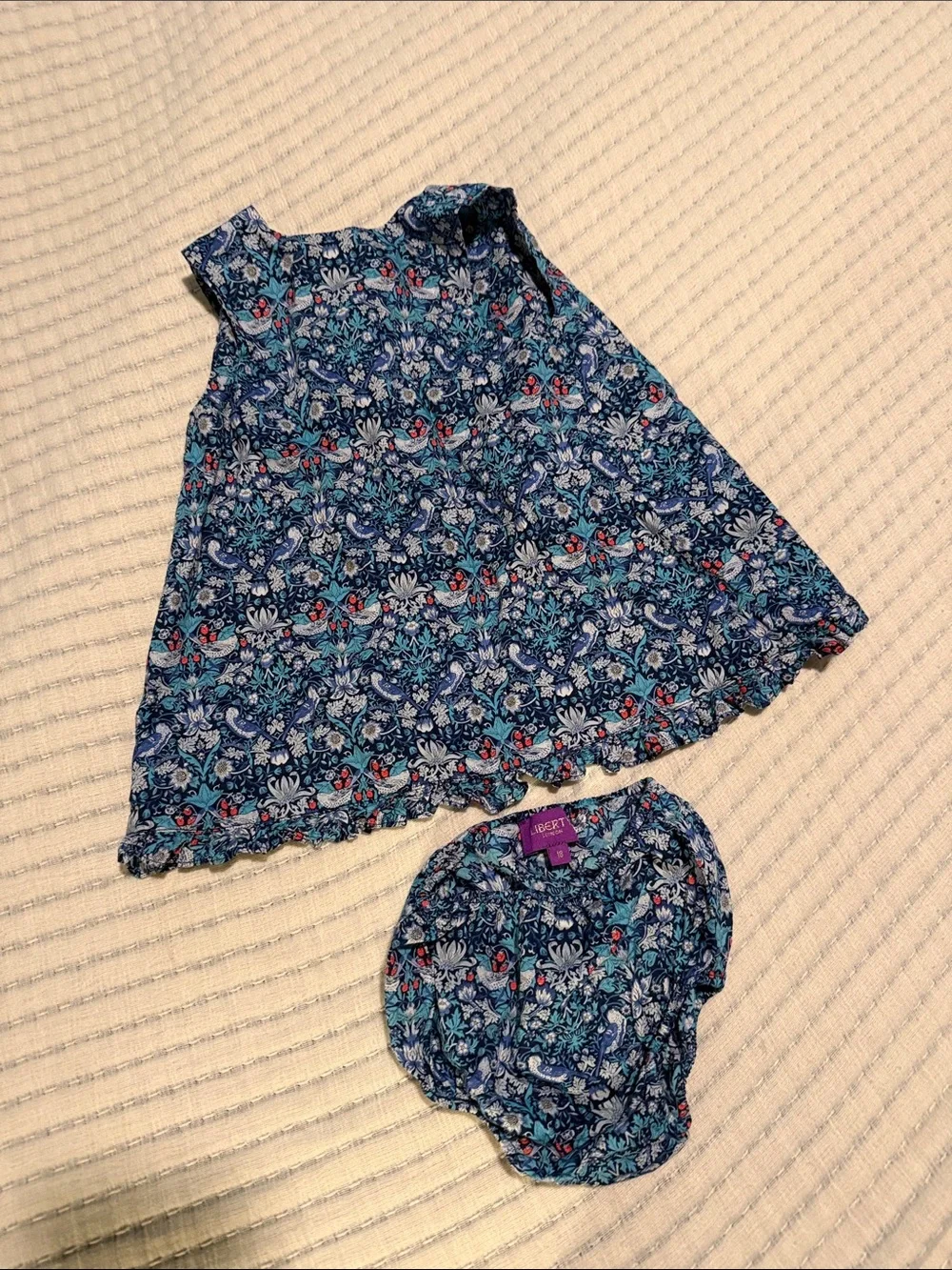 liberty of London Blue Floral Baby Frock with Matching Bloomer. 18 months size.